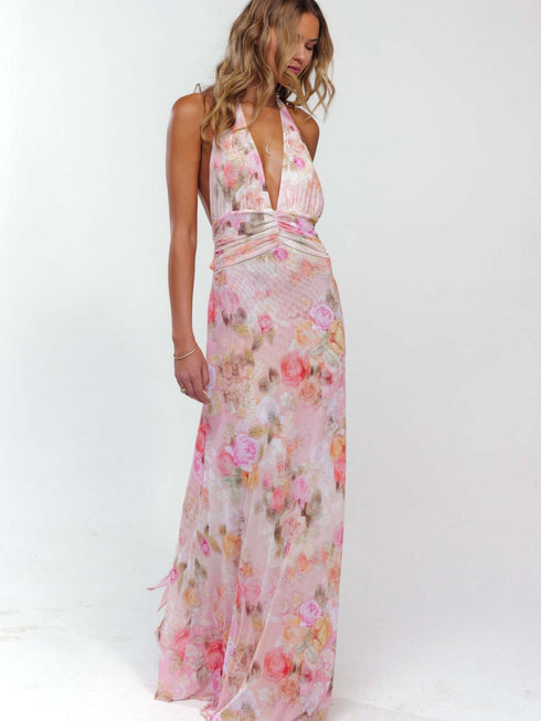 Women's Backless Slim Fit Printed Halter Dress