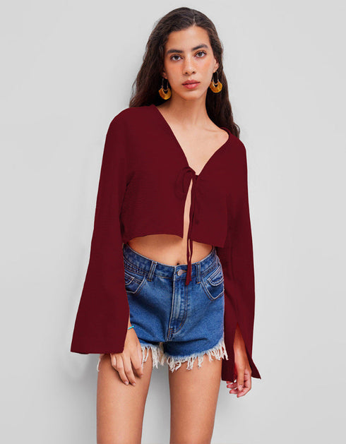 V-Neck Cropped Long Sleeve Top