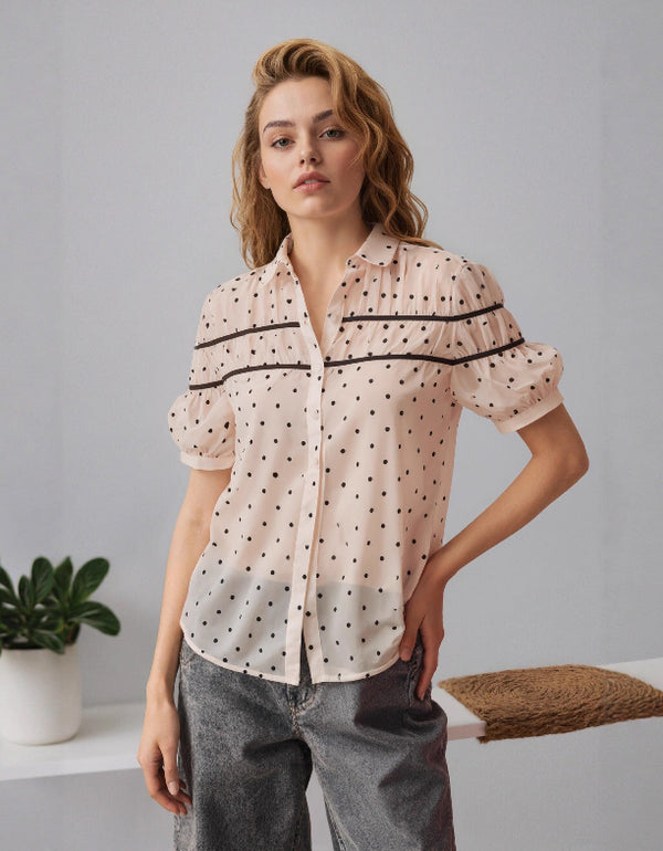Polka Dot Short Sleeve Button-Up Blouse