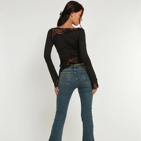 Fashionable and sexy slim lace patchwork long-sleeved T-shirt