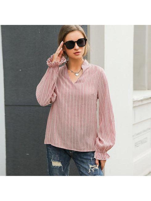 Striped V-Neck Loose Fit Long Sleeve Blouse