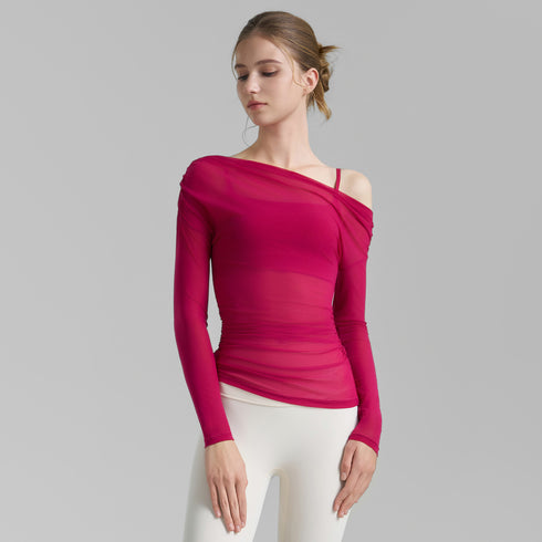 Oblique Shoulder Mesh Yoga Shirt Pleated Sports Top