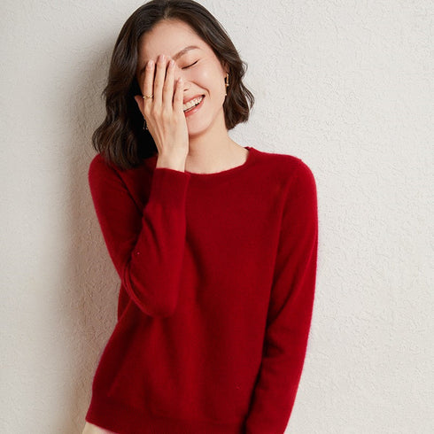 Ladies Solid Color Round Neck Long Sleeve Pullover Sweater