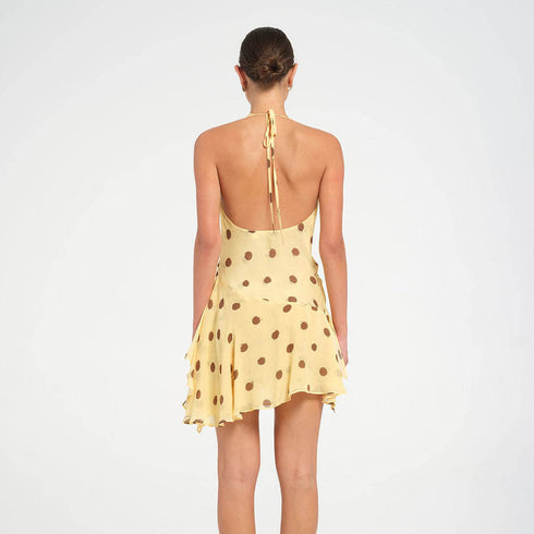 Polka Dot Chiffon Dress Sexy Halter Deep V Split