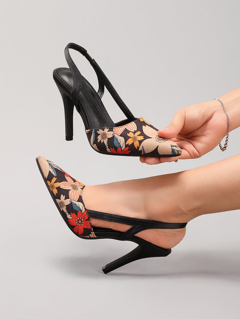 Floral Embroidered Slingback Stiletto Heels