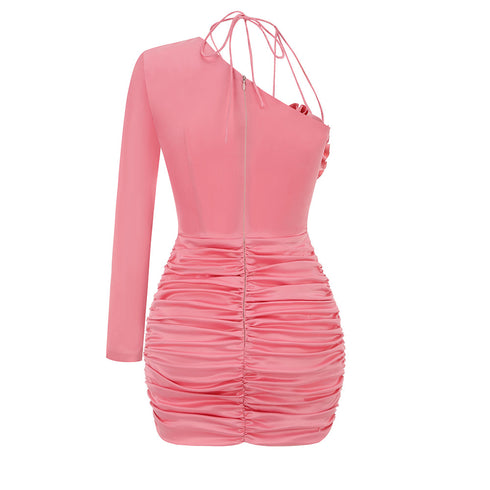 Pink Embroidered Oblique Shoulder Dress