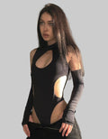 Off-the-shoulder Ripped Hollow-out Tight Long Sleeve Jumpsuit Women