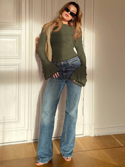 Asymmetric Turtleneck Top with Flared Long Sleeve