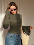 Asymmetric Turtleneck Top with Flared Long Sleeve