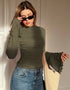Asymmetric Turtleneck Top with Flared Long Sleeve