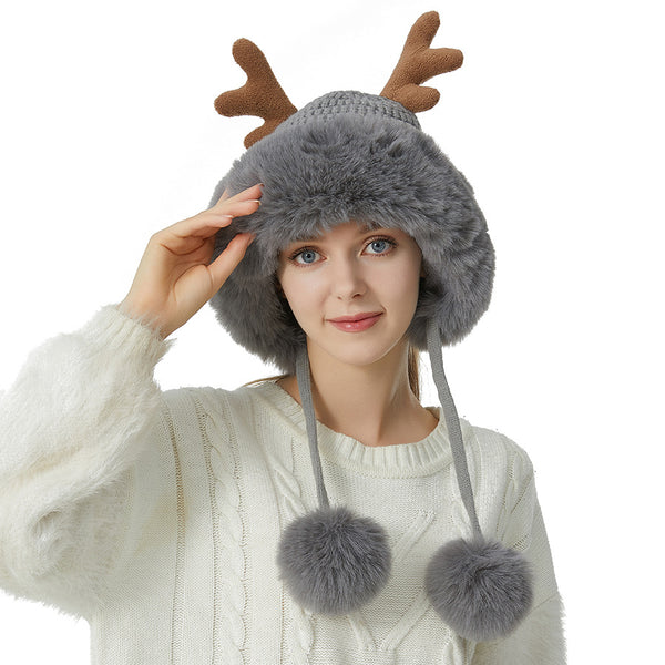 Christmas Antlers Knitted Hat Large Plush Edge Cute Wool Hat