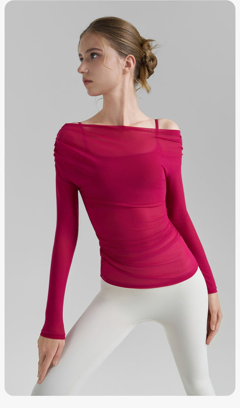 Oblique Shoulder Mesh Yoga Shirt Pleated Sports Top