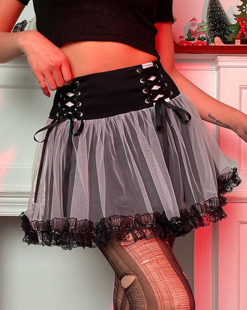 New Lace-Up Black And White Contrast Color Mesh Stitching High Waist Skirt