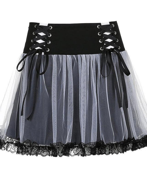 New Lace-Up Black And White Contrast Color Mesh Stitching High Waist Skirt
