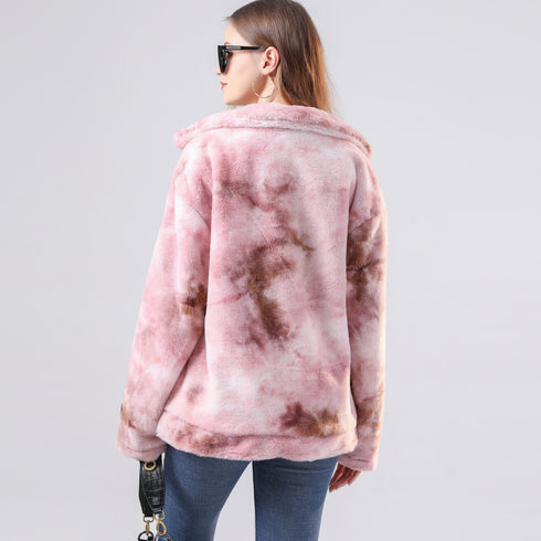 Contrast tie-dye long-sleeved plush jacket