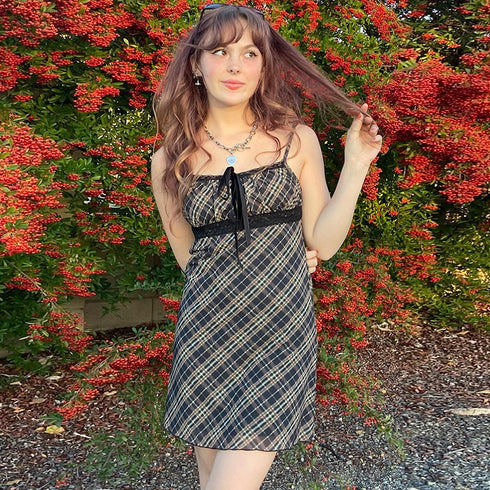 Halter-neck Plaid Slip Dress
