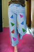 Colorful Sequined Christmas Tree Pattern Stitching Edging Three-quarter Length Wide Leg Jeans