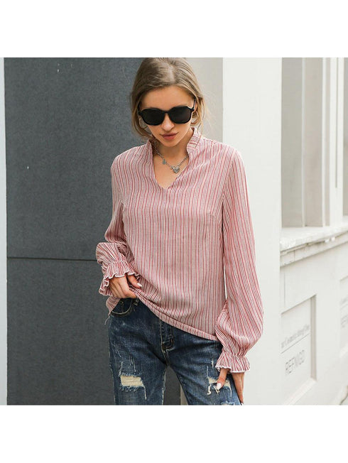 Striped V-Neck Loose Fit Long Sleeve Blouse