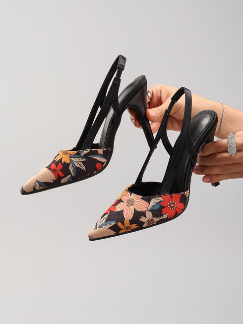 Floral Embroidered Slingback Stiletto Heels