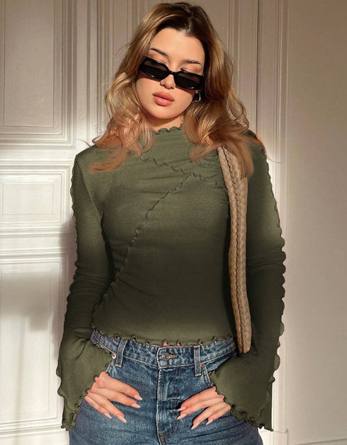 Asymmetric Turtleneck Top with Flared Long Sleeve
