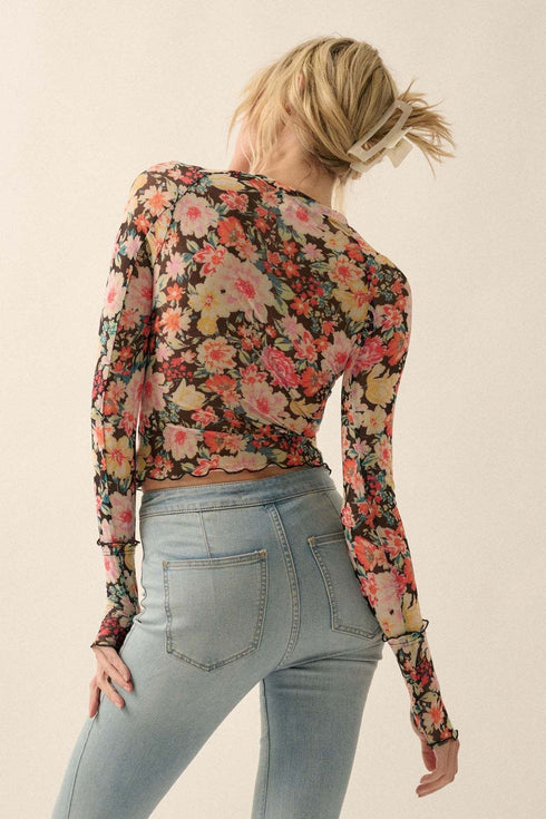 Floral Mesh Round Neck Long Sleeve Mesh Fashion Slim Top