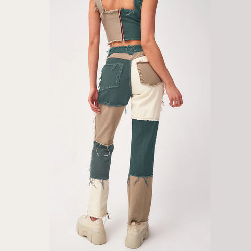 High Elastic Stitching Raw Edge Women's Straight-leg Jeans