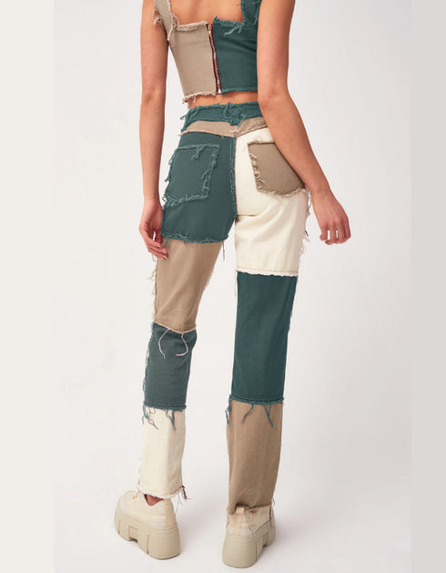 High-Waist Patchwork Jeans