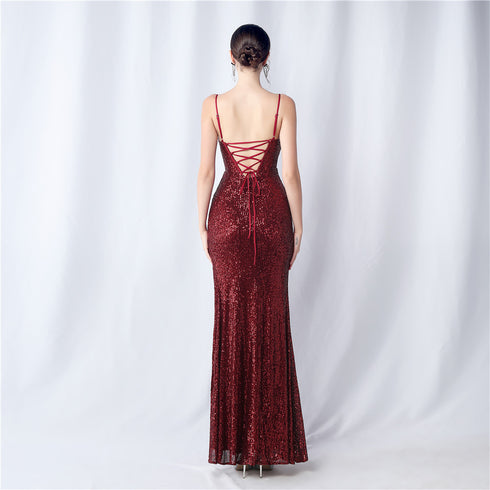 Colorful Sequin Side Slit Long Camisole Evening Dress