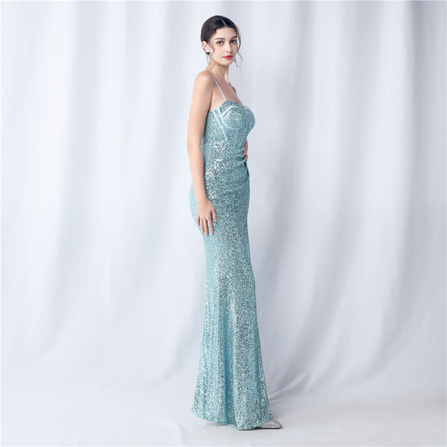 Colorful Sequin Side Slit Long Camisole Evening Dress