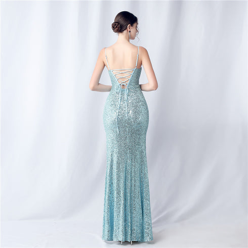 Colorful Sequin Side Slit Long Camisole Evening Dress