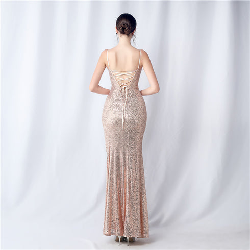Colorful Sequin Side Slit Long Camisole Evening Dress