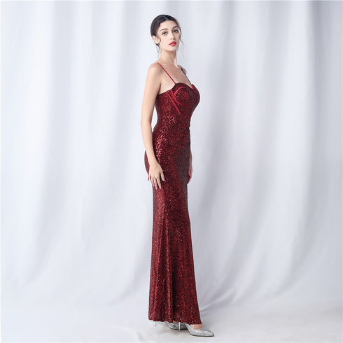 Colorful Sequin Side Slit Long Camisole Evening Dress