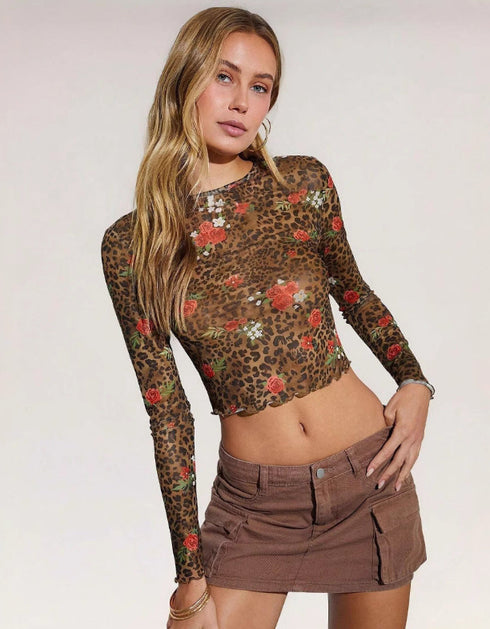 Leopard & Floral Mesh Long Sleeve Top