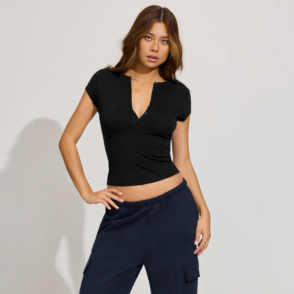 Solid Color Slim-fit Deep V Button Versatile Top