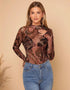 Paisley Print Stand Collar Mesh Long Sleeve Blouse