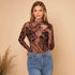 Paisley Print Stand Collar Mesh Long Sleeve Blouse