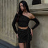 New Oblique Shoulder Long-sleeved Top Slim-fit Pleated Ribbon Hip-wrapped Skirt Outfit