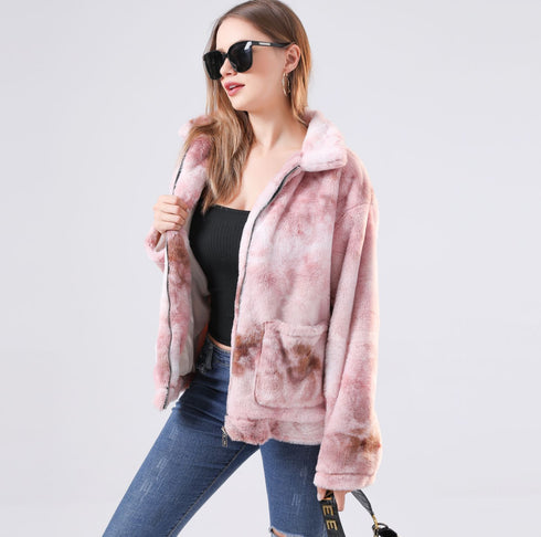 Contrast tie-dye long-sleeved plush jacket