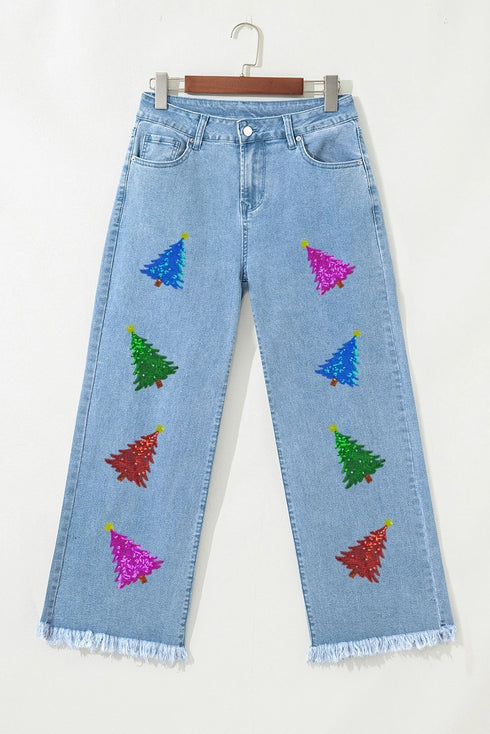 Colorful Sequined Christmas Tree Pattern Stitching Edging Three-quarter Length Wide Leg Jeans