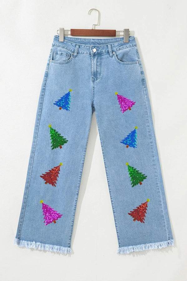 Colorful Sequined Christmas Tree Pattern Stitching Edging Three-quarter Length Wide Leg Jeans