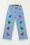 Colorful Sequined Christmas Tree Pattern Stitching Edging Three-quarter Length Wide Leg Jeans