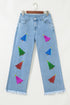 Colorful Sequined Christmas Tree Pattern Stitching Edging Three-quarter Length Wide Leg Jeans
