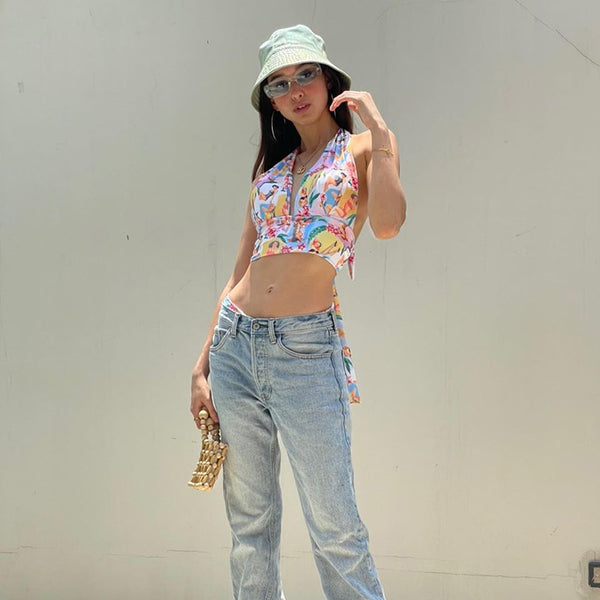Halter Neck Tie-String Printed Tank Top