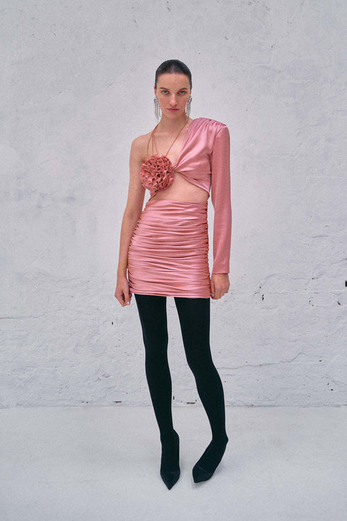 Pink Embroidered Oblique Shoulder Dress