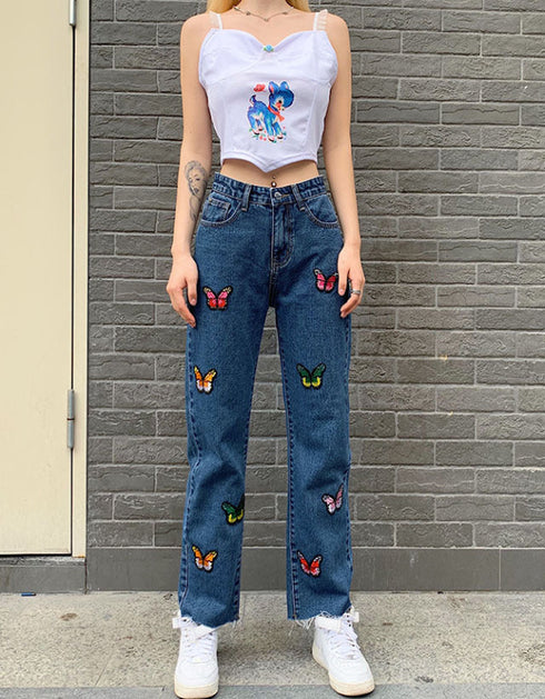 Butterfly Embroidered Straight Jeans