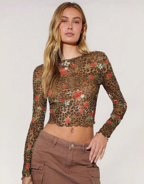 Leopard & Floral Mesh Long Sleeve Top