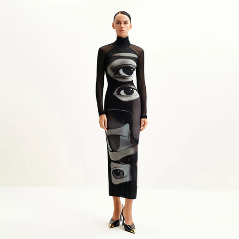 Elegant Mesh Double-layer Printed Crew-neck Long-sleeve Dress