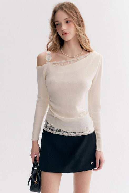 Lace Trim Off-Shoulder Long Sleeve Top