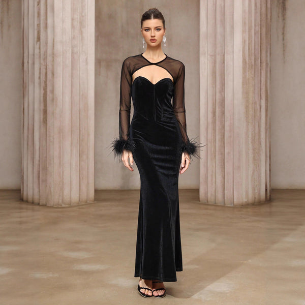 Semi-transparent Mesh Top Velvet Tube Top Dress Two-piece Set