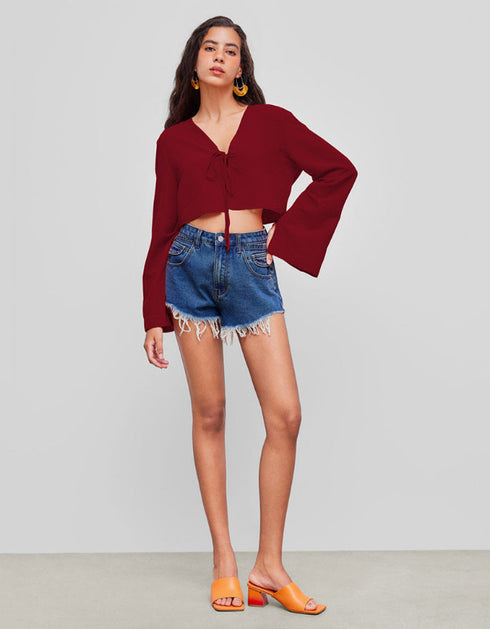 V-Neck Cropped Long Sleeve Top